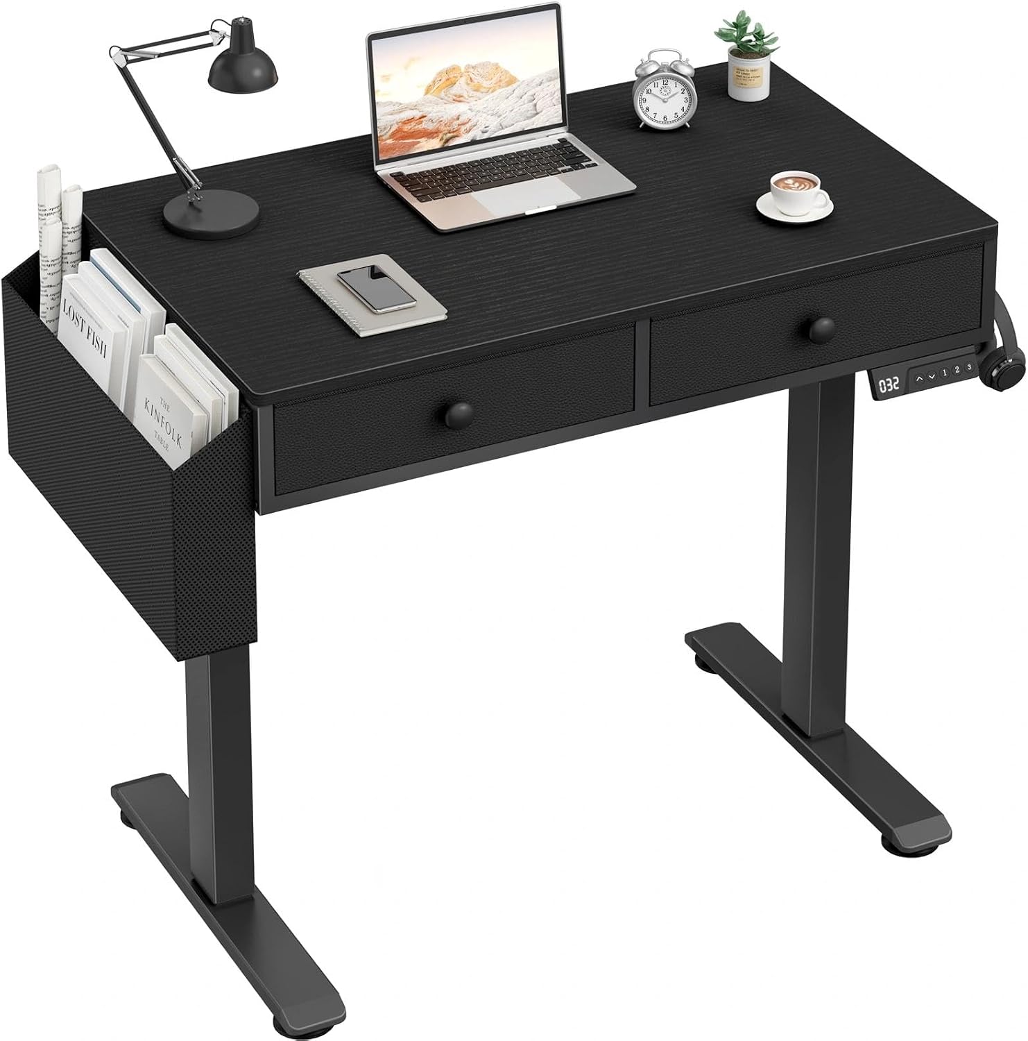 KLUVIS Electric Standing Desk with Drawers - 32 Inch Small Black Height Adjustable Sit Stand Desk with Storage for Home Office Bedroom, Study Writing Compact Stand up Computer Desks for Boys Girl Work