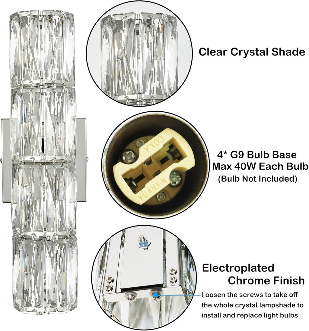 SAMTEEN Chrome Crystal Wall Sconce Modern 4-Light Crystal Sconces Wall Lighting Tube Shape Glass Wall Light Fixture for Bedroom Living Room Hallway Kitchen Bathroom Vanity Light