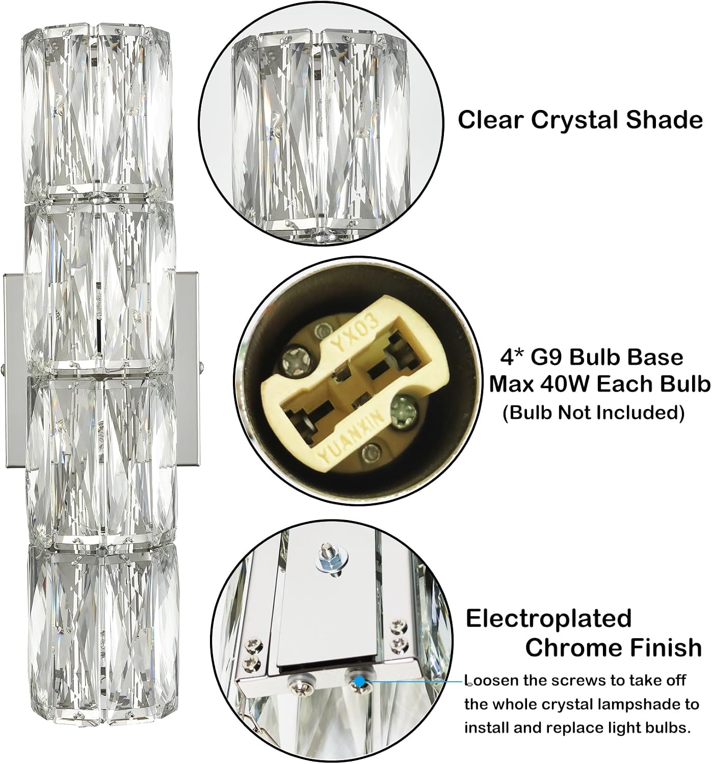 SAMTEEN Chrome Crystal Wall Sconce Modern 4-Light Crystal Sconces Wall Lighting Tube Shape Glass Wall Light Fixture for Bedroom Living Room Hallway Kitchen Bathroom Vanity Light