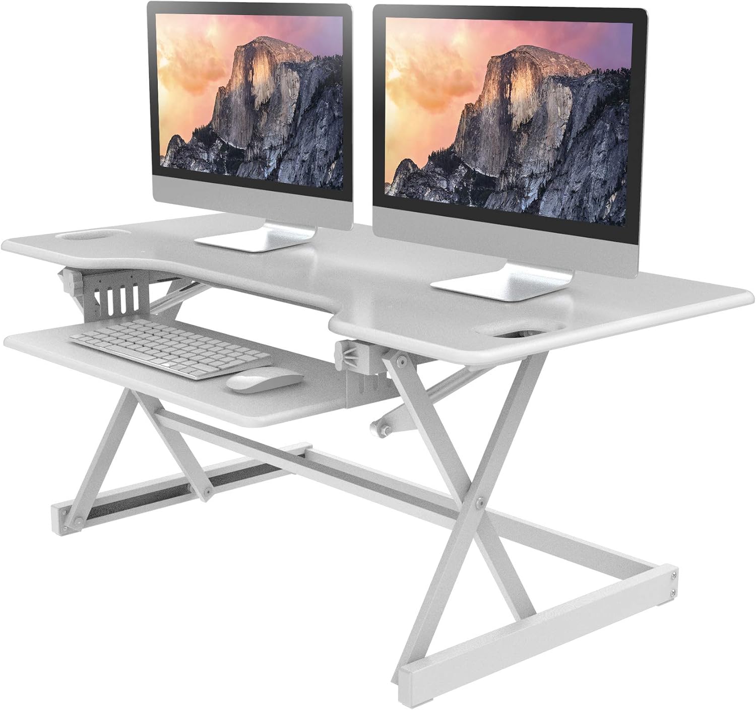 Rocelco 46' Large Height Adjustable Standing Desk Converter - Quick Sit Stand Up Triple Monitor Riser - Gas Spring Assist Computer Workstation - Retractable Keyboard Tray - White (R DADRW-46)