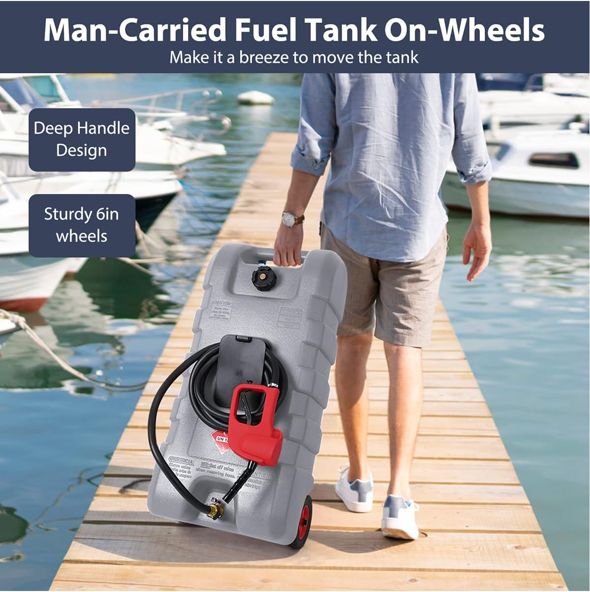 15 Gallon Fuel Caddy – Portable Diesel & Gasoline Tank with Manual Siphon Pump, 10ft Delivery Hose & Wheels for Cars, Boats, ATVs & Lawn Mowers - Grey