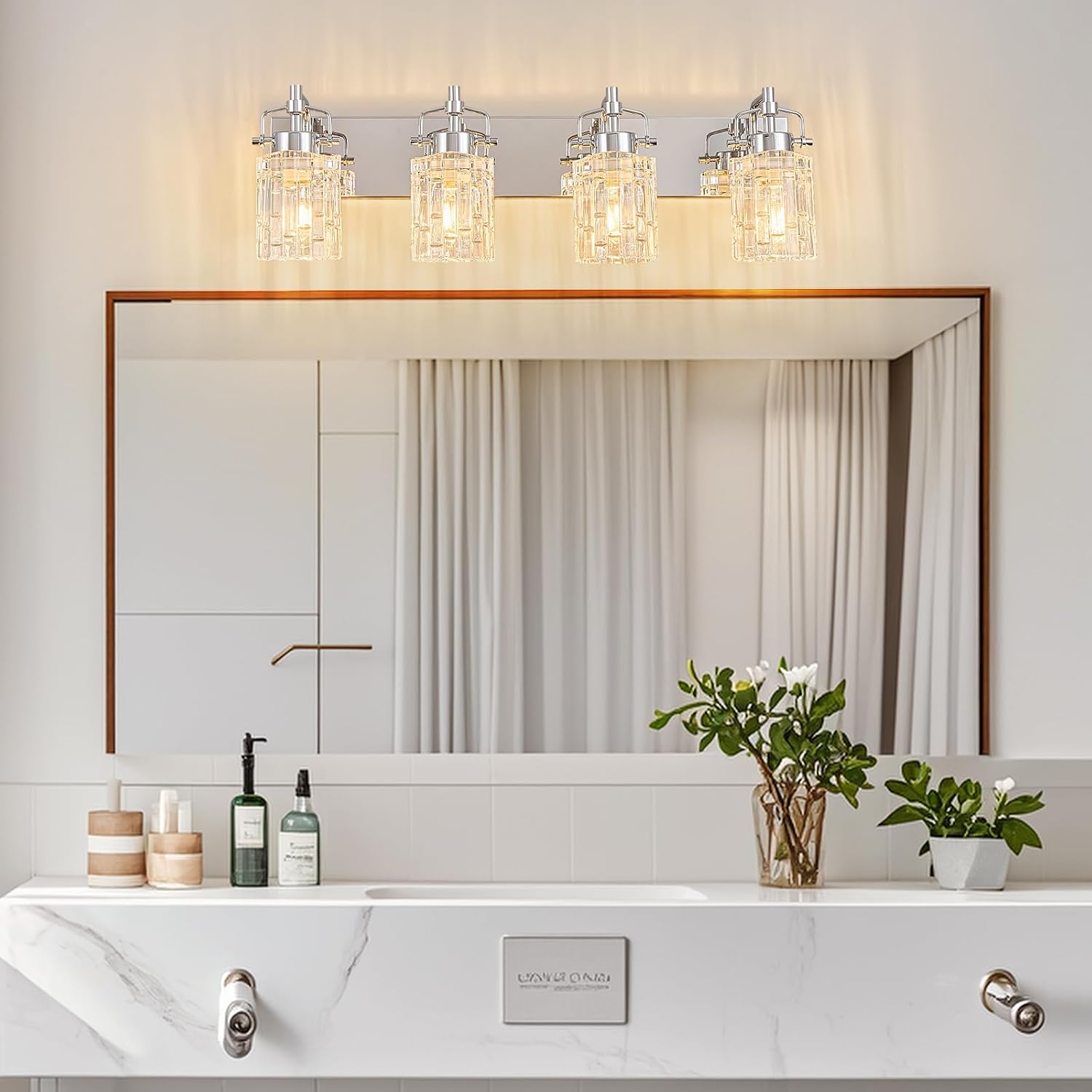 4 Light Crystal Glass Vanity Light, Chrome Bathroom Lighting Fixtures Over Mirror Modern Bath Wall Sconce Lighting for Bedroom Living Room