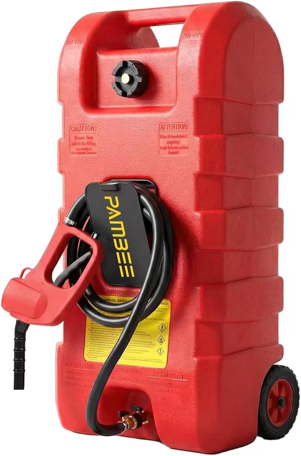 15 Gallon Gas Can, Fuel Tank Container with LE Fluid Transfer Manual Siphon Pump & 10FT Hose, Portable Diesel Gas Storage Caddy with Wheels for Car, ATV, Weeder, Boat, etc., Red