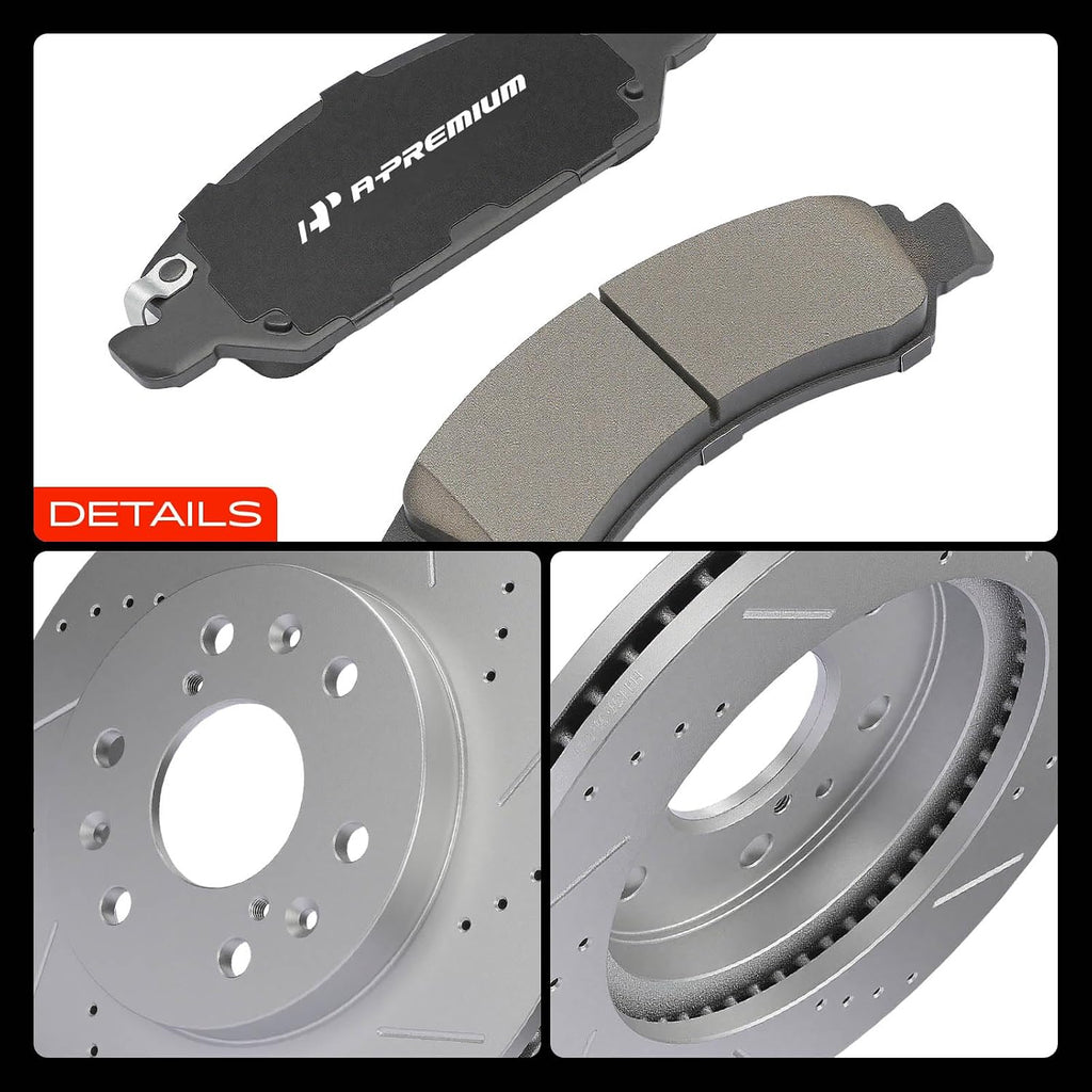 A-Premium 12.99 in(330mm) Front Drilled and Slotted Disc Brake Rotors + Ceramic Pads Kit Compatible with Select Cadillac, Chevy & GMC - Silverado, Suburban, Express, Sierra, Yukon, Escalade, Avalanche