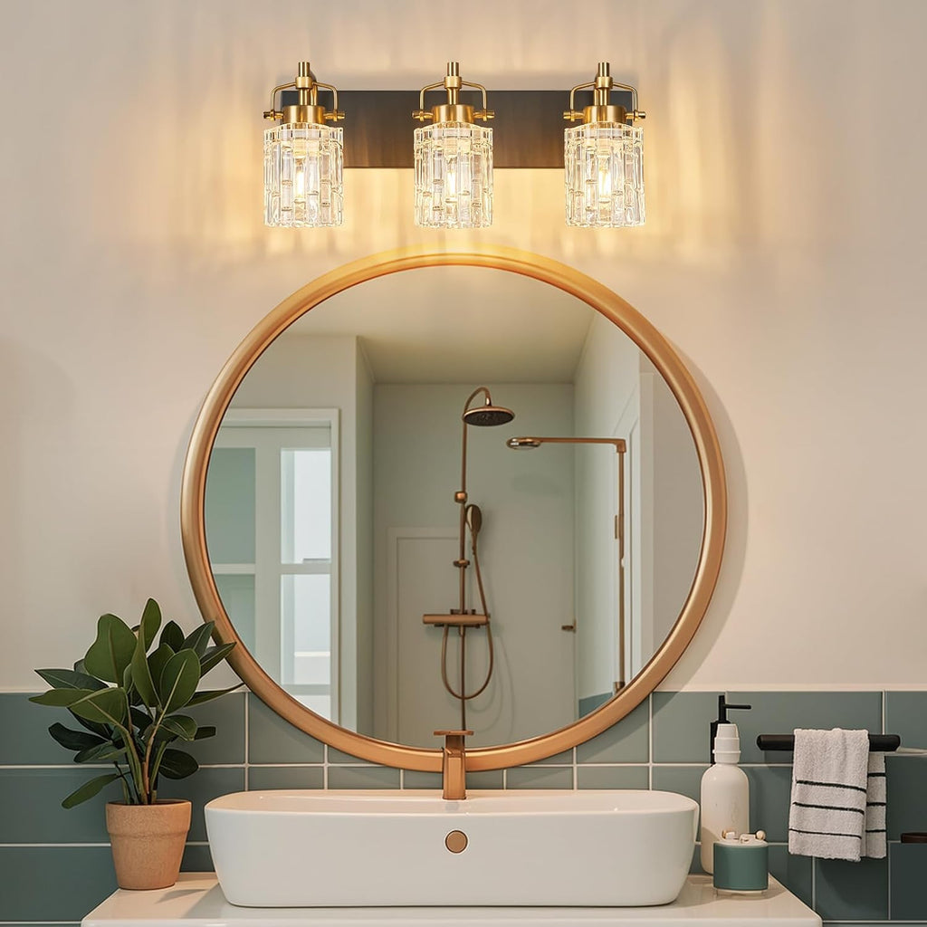 3 Light Crystal Glass Vanity Light, Black Gold Bathroom Lighting Fixtures Over Mirror Modern Bath Wall Sconce Lighting for Bedroom Living Room