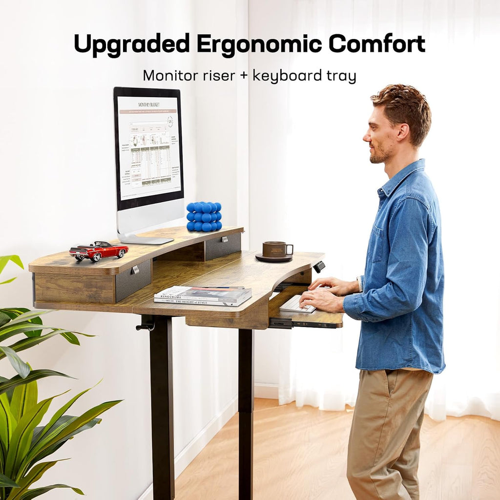 HUANUO 55' x 26' Electric Standing Desk with 2 Drawers & 26.7' Large Keyboard Tray, C-Clamp Mount Compatible, Adjustable Computer Desk for Home Office, Stand Up Desk with 4 Height Presets, Vintage