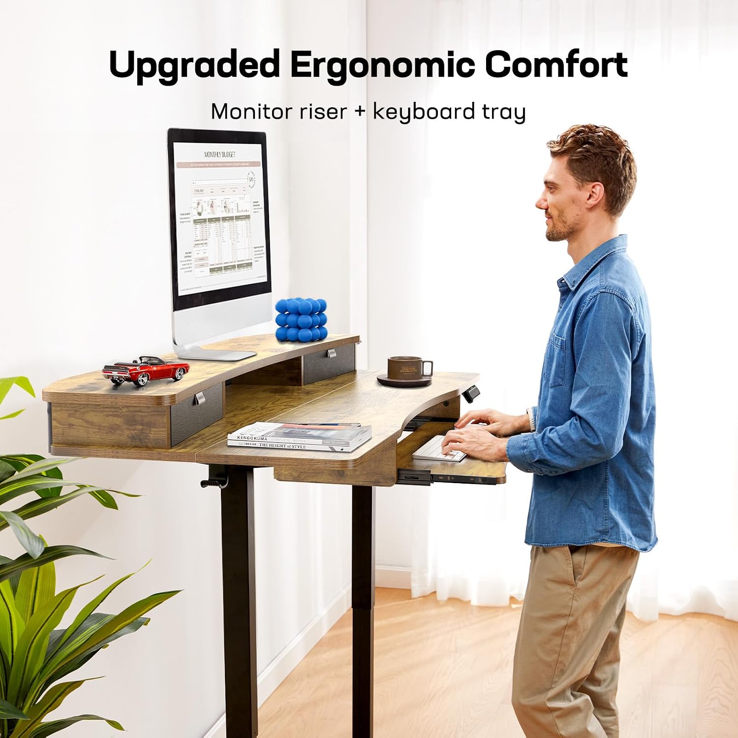 HUANUO 55' x 26' Electric Standing Desk with 2 Drawers & 26.7' Large Keyboard Tray, C-Clamp Mount Compatible, Adjustable Computer Desk for Home Office, Stand Up Desk with 4 Height Presets, Vintage