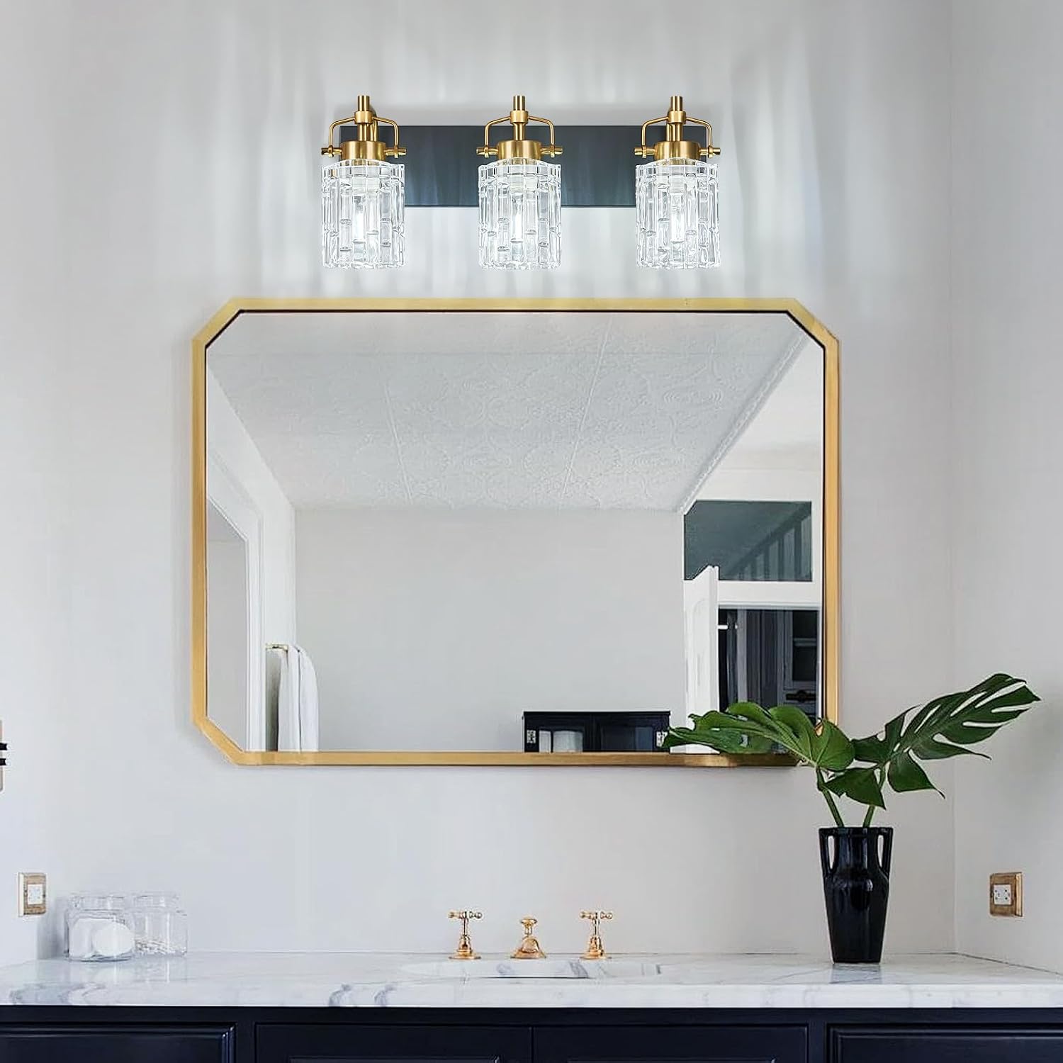 3 Light Crystal Glass Vanity Light, Black Gold Bathroom Lighting Fixtures Over Mirror Modern Bath Wall Sconce Lighting for Bedroom Living Room