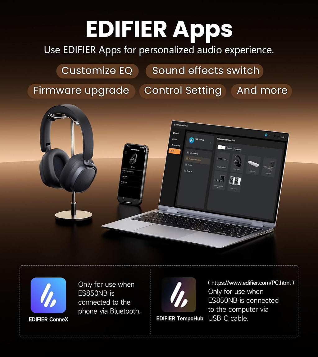 Edifier ES850NB Active Noise Cancelling Headphones, Over Ear Bluetooth Headset, 92H Playtime Wired & Wireless Hi-Res Audio Certified, Fast Charging Clear Calls Travel (Black) (Renewed)