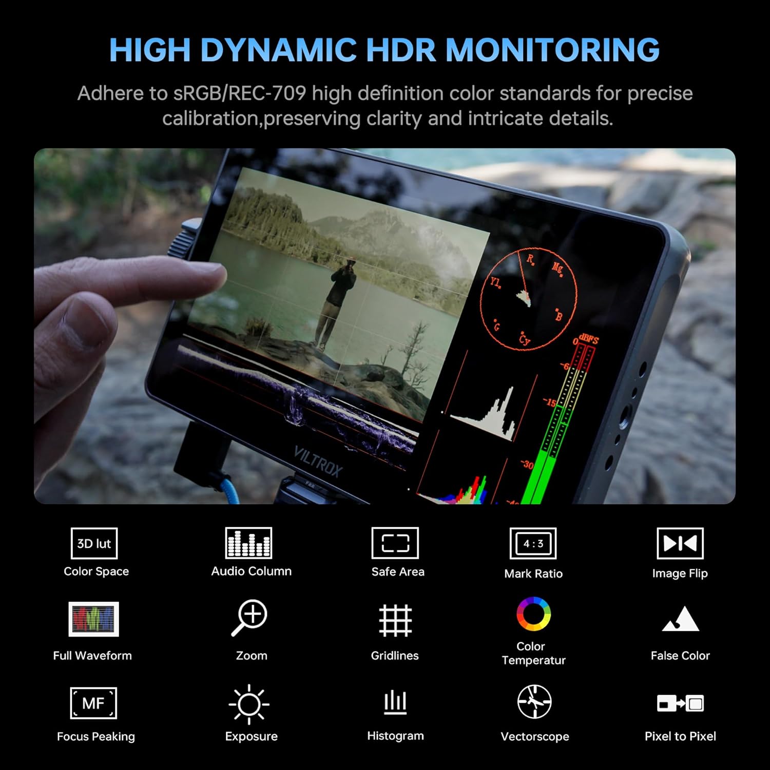 VILTROX DC-A1 Camera Monitor, 7inch 2800nits Ultra Bright Touchscreen Field Monitor with Full HD 1920x1080, HDMI 2.0 in/Out, Custom LUT, Histogram, Waveform, Sunshade, for Video Shooting