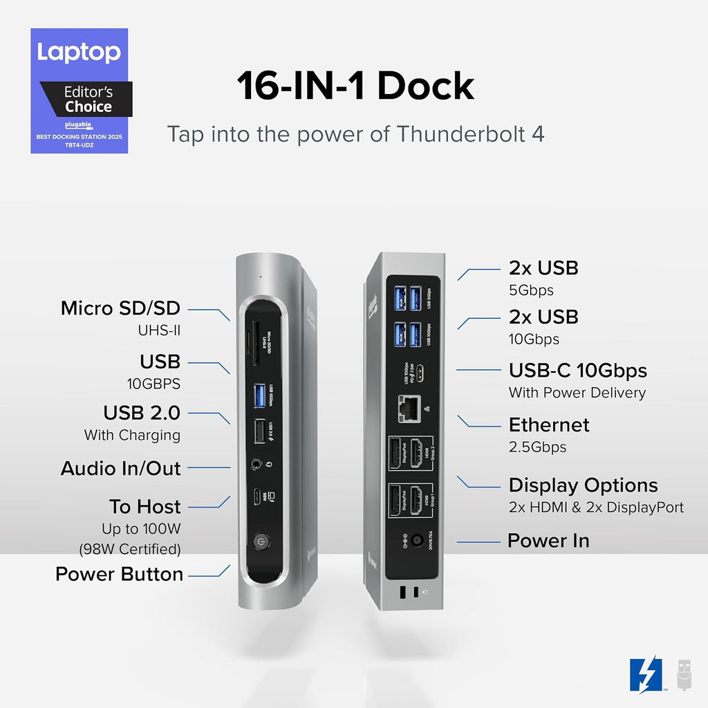 Plugable 16-in-1 Thunderbolt 4 Dock – Dual 4K Monitors for M4/M5 MacBook Air/Pro, 100W Charging, 2X HDMI, 2X DisplayPort, 2.5G Ethernet, 7X USB, MicroSD/SD Card Reader, Windows & USB4 Compatible
