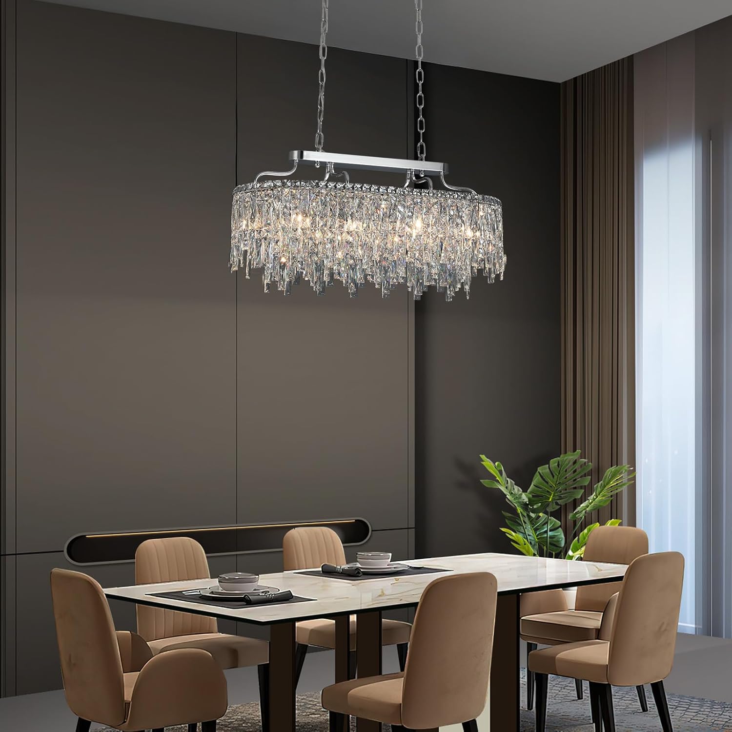 10 Light Crystal Chandelier | Chrome Oval-Shaped Crystal Chandeliers for Dining Room Light Fixture, 32' Modern Ceiling Lighting Fixture for Dining Room Kitchen Island Bar