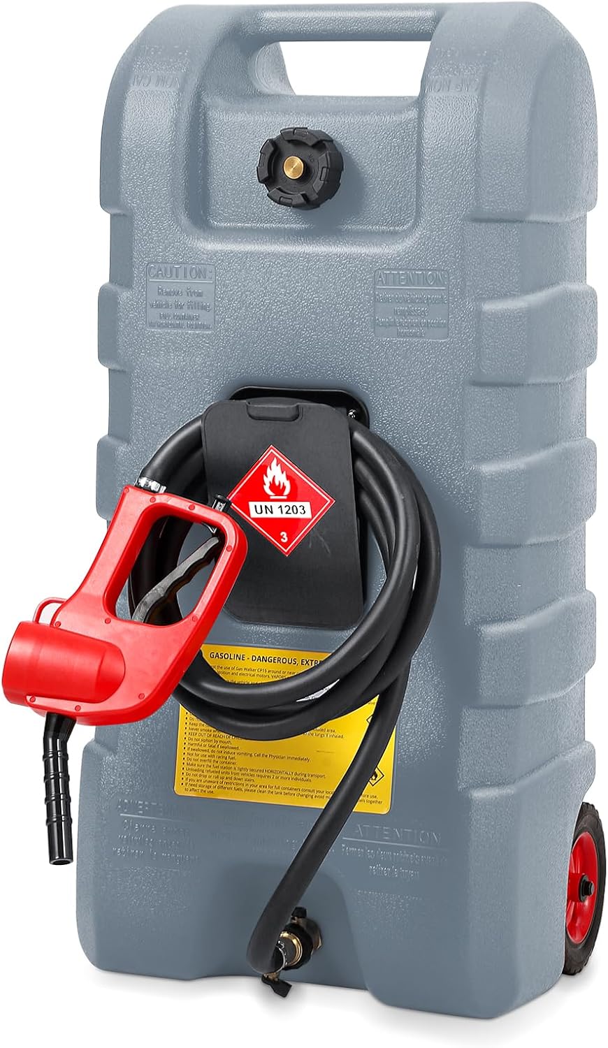 15 Gallon Gas Can, Fuel Tank Container with LE Fluid Transfer Manual Siphon Pump & 10FT Hose, Portable Diesel Gas Storage Caddy with Wheels for Car, ATV, Weeder, Boat, etc., Grey
