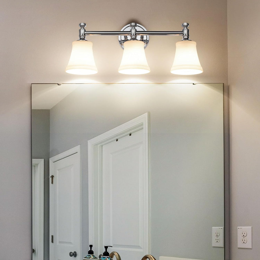 Bathroom Vanity Light Fixtures, Traditional Chrome 3 Lights Wall Sconce Lighting with Opal Glass Shade, Porch Wall Mount Light Fixture for Bathroom, Mirror Cabinets Hallway Stairs