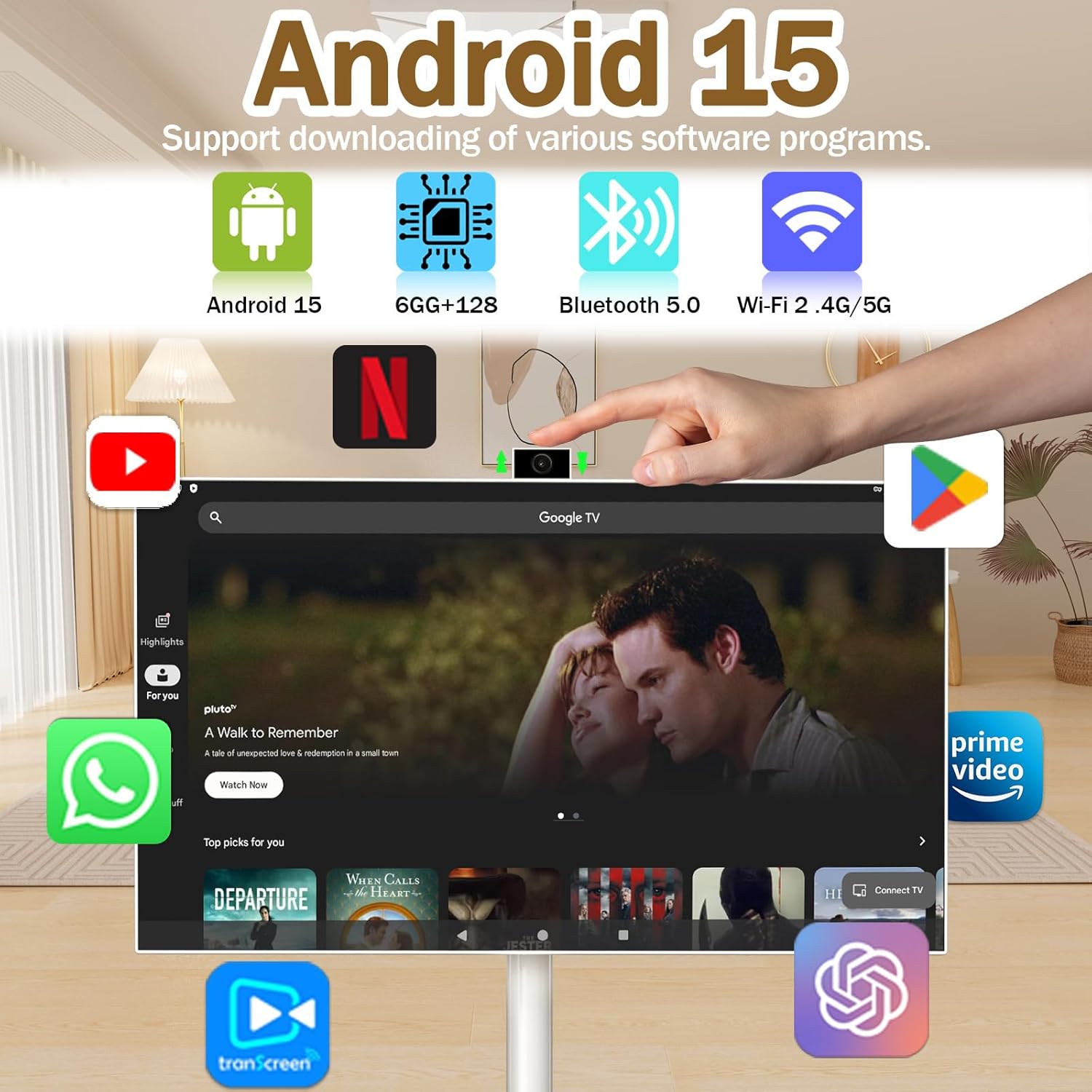 27' FHD Smart Portable TV, Rolling TV on Wheels, Android 15 OS, 6G +128GB Storage, Portable Touch Screen Monitor, 13MP Camera, Built-in Battery, 60Hz Refresh Rate, Full Swivel Rotation, Voice Remote