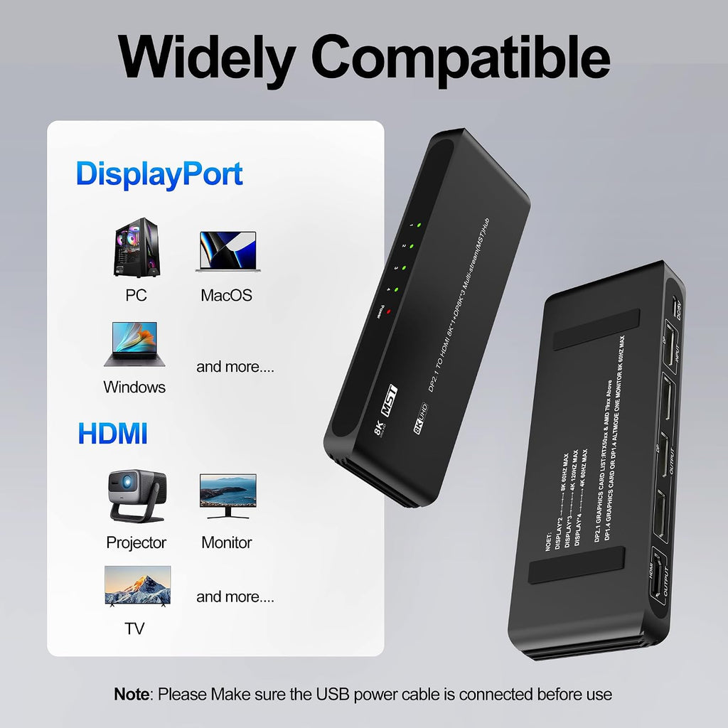DisplayPort Splitter for 4 Monitors, Three DP with HDMI Adapter 8K@60Hz Extended Display 1 in 4 Out DisplayPort MST Hub for Multiple Monitor, Compatible with Computer, Graphic Card, PC