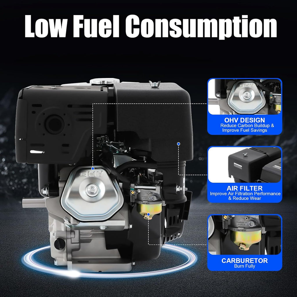 420CC Gasoline Powered Go Kart Motor, 15HP 4-Stroke Gas Engine OHV Horizontal Shaft Single Cylinder Gas Engine with Pull Handle and Silencer for Compressor Lawnmower Motor (420CC-15HP)