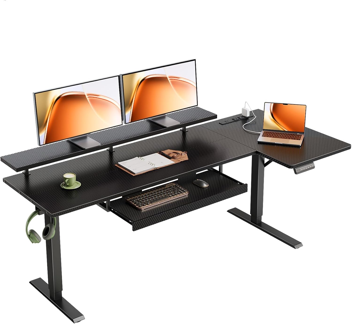 OffiGo 63 Inch L Shaped Electric Standing Desk with Keyboard Tray, Reversible Height Adjustable Corner Computer Desk with Monitor Stand, Sit Stand Up Lift Table for Home, Office, Carbon Fiber Black