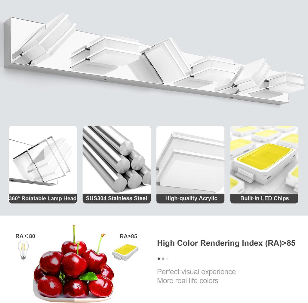 3 Color Temperature Dimmable Vanity Lights for Bathroom, LED Chrome 6 Light Vanity Lighting Fixtures, Acrylic Stainless Steel Square Shade Bathroom Light Fixtures over Mirror, ETL Certificated