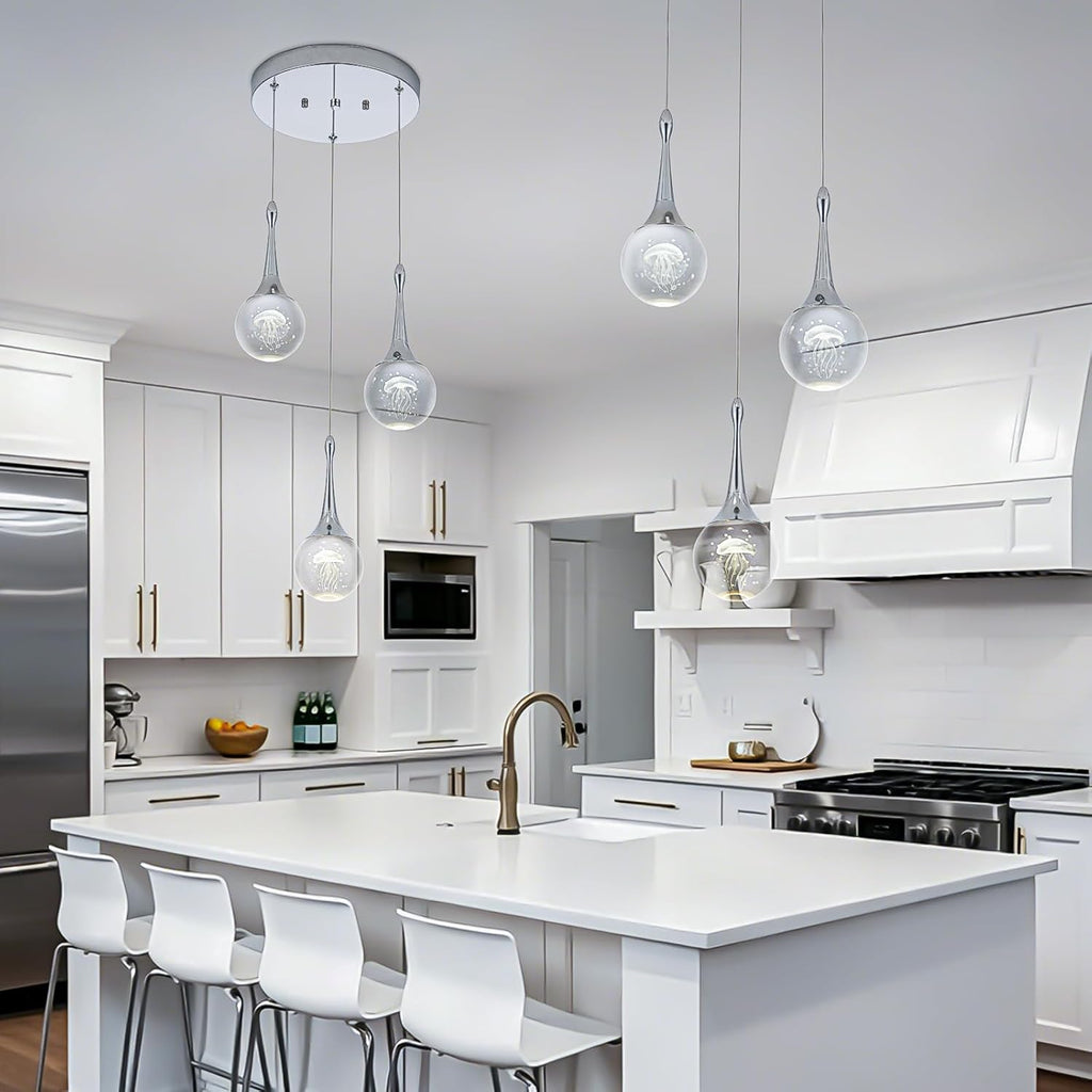 CHYING 3-Lights Pendant Lights Kitchen Island, Modern LED Dimmable Globe Crystal Jellyfish Teardrop Ceiling Pendant Lighting for Dining Room Hallway Entryway Bedroom, Chrome Cool White