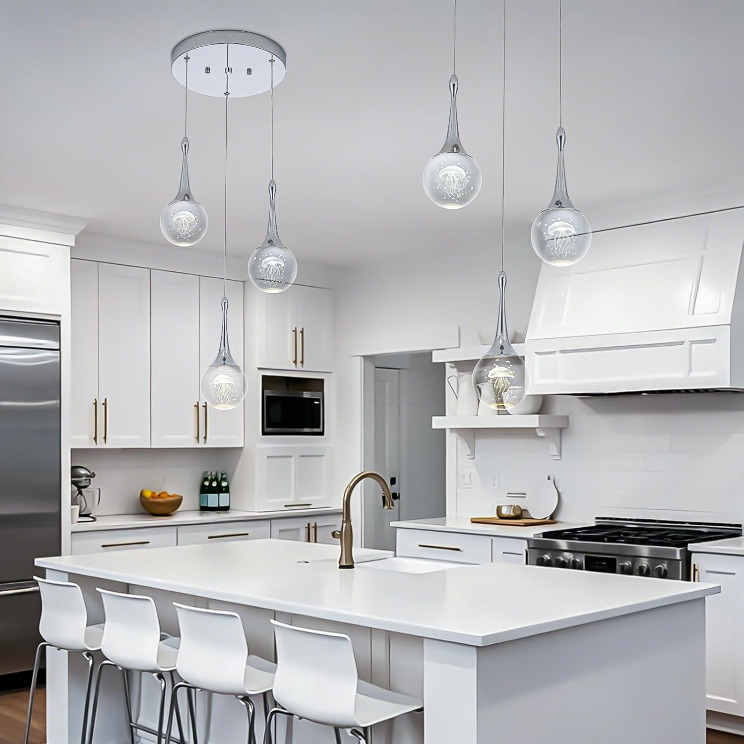 CHYING 3-Lights Pendant Lights Kitchen Island, Modern LED Dimmable Globe Crystal Jellyfish Teardrop Ceiling Pendant Lighting for Dining Room Hallway Entryway Bedroom, Chrome Cool White