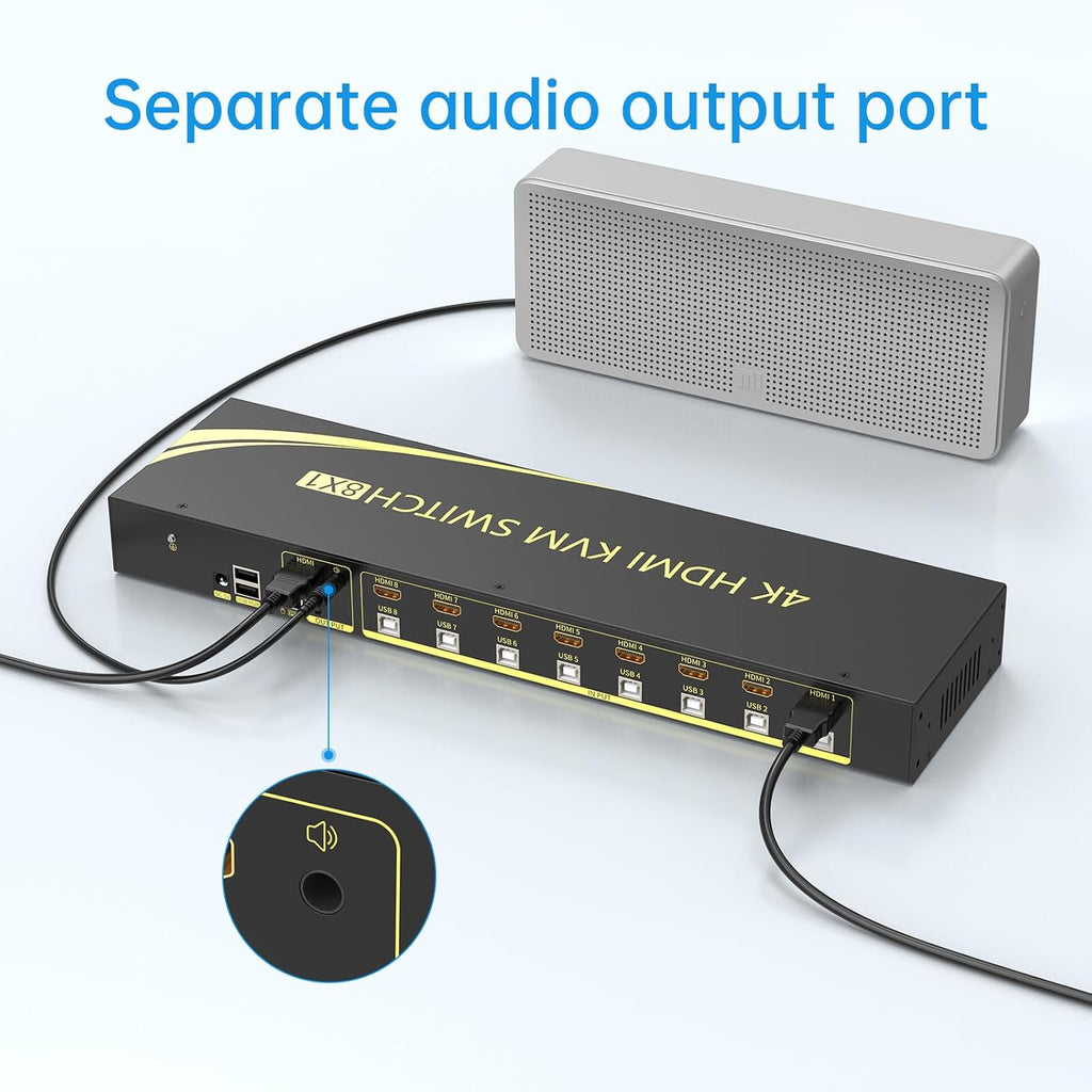 eKL 8 Port HDMI KVM Switch Supports 3.5mm Audio Extractor 4K@60Hz 4:4:4 Hotkeys Swapping 8 in 1 Out 8 PCs Sharing with One Set of Keyboard and Mouse