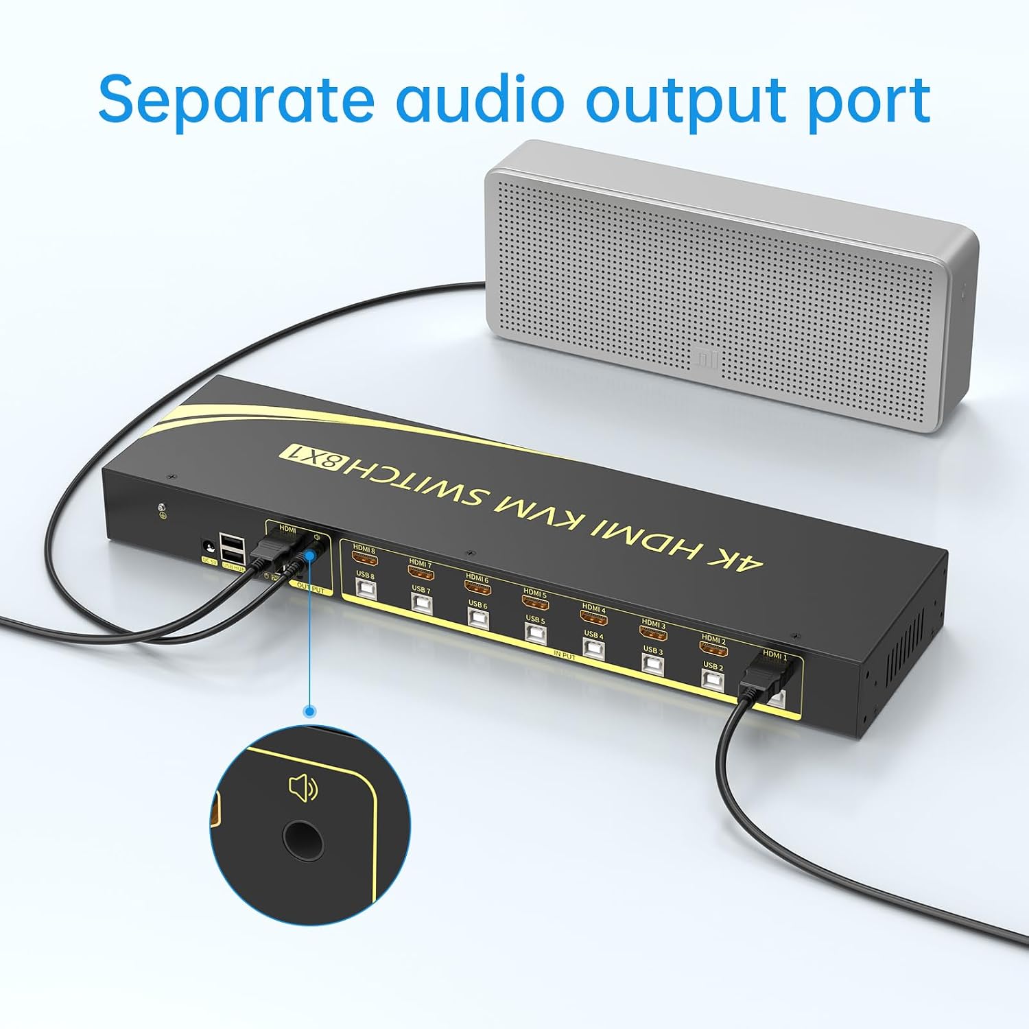 eKL 8 Port HDMI KVM Switch Supports 3.5mm Audio Extractor 4K@60Hz 4:4:4 Hotkeys Swapping 8 in 1 Out 8 PCs Sharing with One Set of Keyboard and Mouse