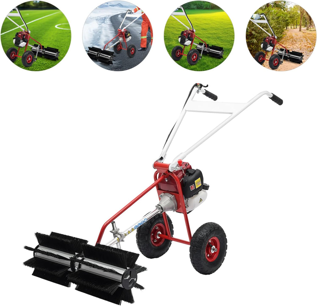 Gas Power Broom 37.CC 2.3HP 4 Stroke Gasoline Powered Artificial Lawn Sweeper Walk-Behind Outdoor Hand Push Sweeper, for Dirt Grass Leaves Lawn Debris Artificial Turf Snow Cleaning