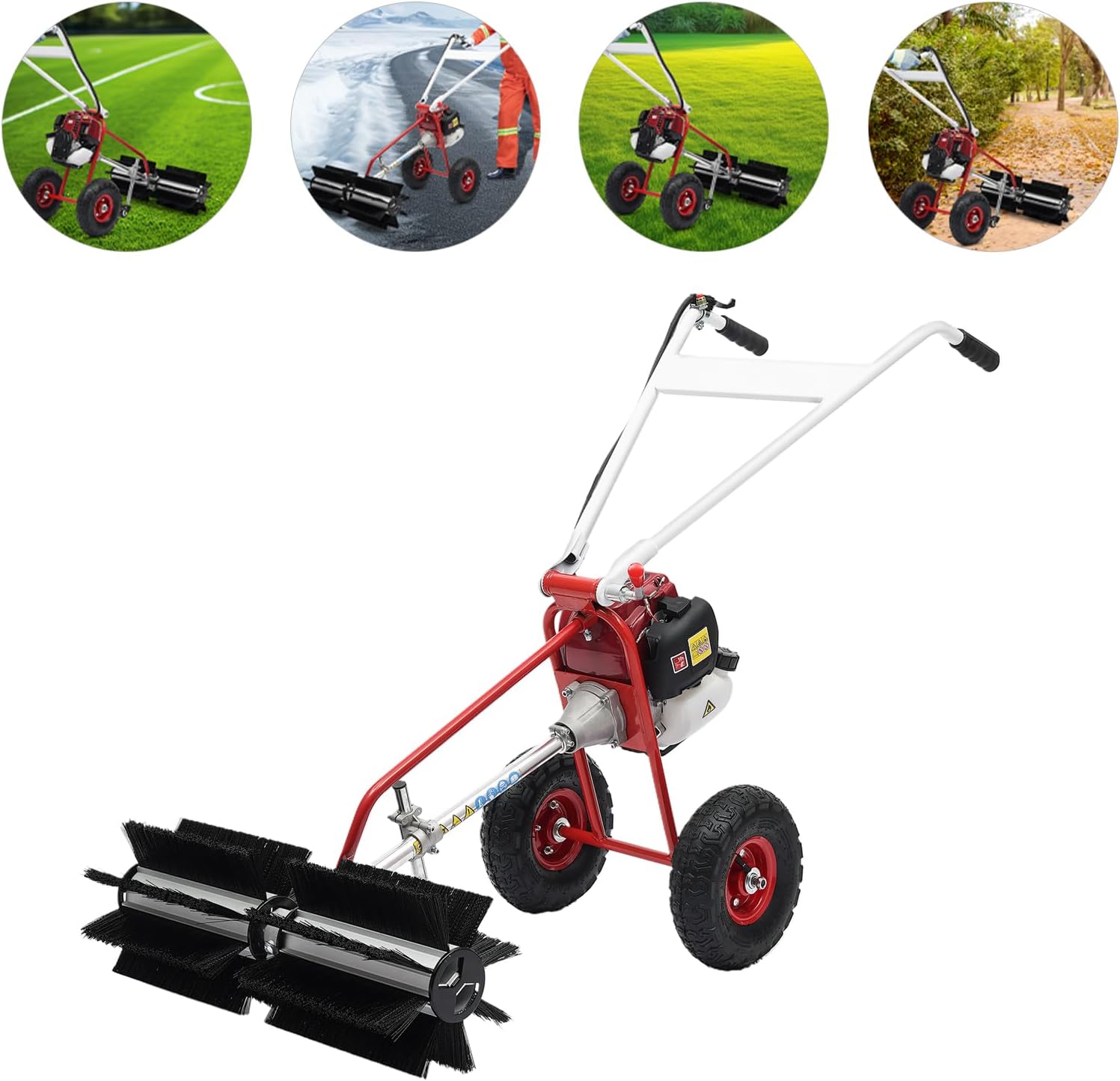 Gas Power Broom 37.CC 2.3HP 4 Stroke Gasoline Powered Artificial Lawn Sweeper Walk-Behind Outdoor Hand Push Sweeper, for Dirt Grass Leaves Lawn Debris Artificial Turf Snow Cleaning