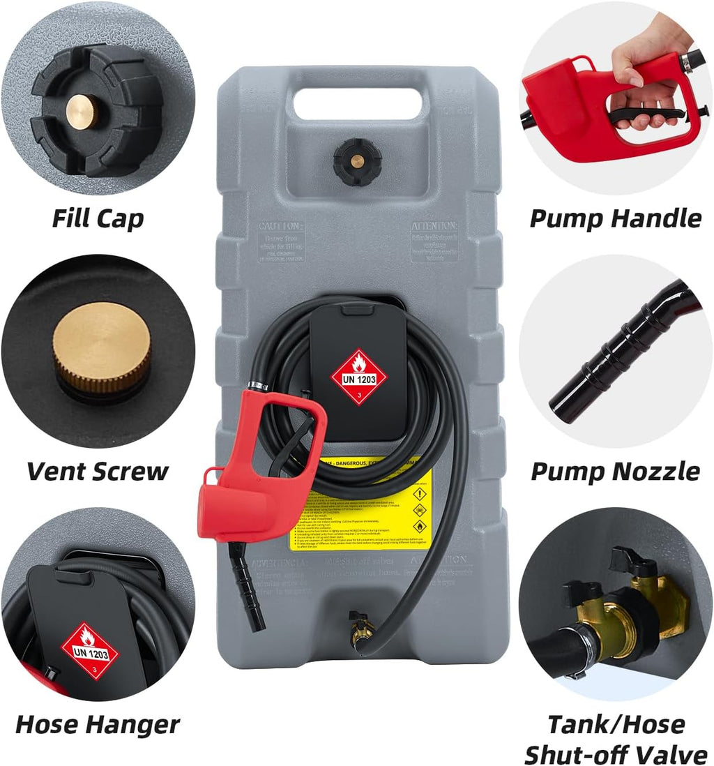 Fuel Caddy 14 gal, Portable Gasoline Tank Container With Manual Fuel Transfer Pump & 10 ft Long Hose, Gasoline Diesel Fuel Storage Tank On-Wheels, Portable Gas Tank for Cars, Lawn Mowers, Boats, Grey