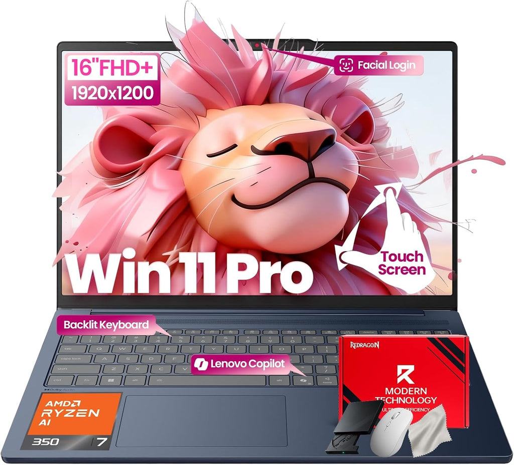 Lenovo IdeaPad Copilot+ Business Laptop - 16' FHD+ Touchscreen - AMD Ryzen AI 7 350(Beat Core 7 150U) - 50 TOPS NPU - Facial Login IR Cam - Backlit KB -Win 11 Pro-Redragon Bundle (64GB DDR5 | 2TB SSD)