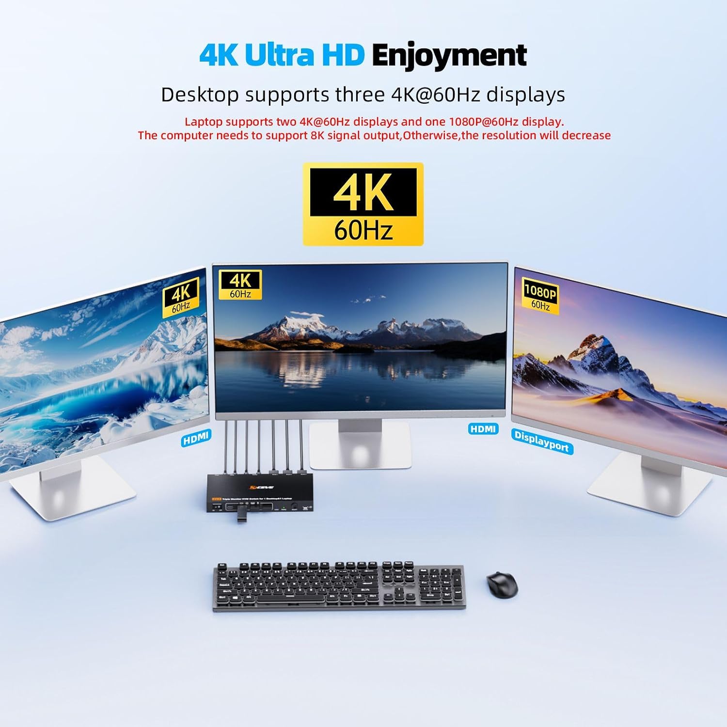 KCEVE Triple Monitor KVM Switch for 1 Laptop 1 Desktop, USB 3.1 KVM Switch 3 Monitors 2 Computer USB C HDMI DP Share 4 USB Device, 100W PD, 4K@60Hz, MST, Wired Remote(4K USB C DP HDMI 2 in 3 Out KVM)