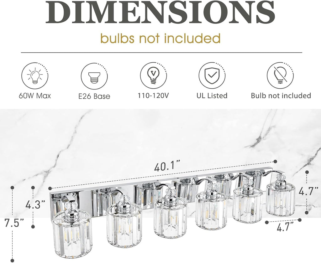 6-Light Modern Bathroom Light Fixture Chrome Vanity Lights Over Mirror Wall Sconce Lighting with K9 Crystal Shades Bathroom Wall Lamp E26 Base for Bedroom, Living Room, Hallway