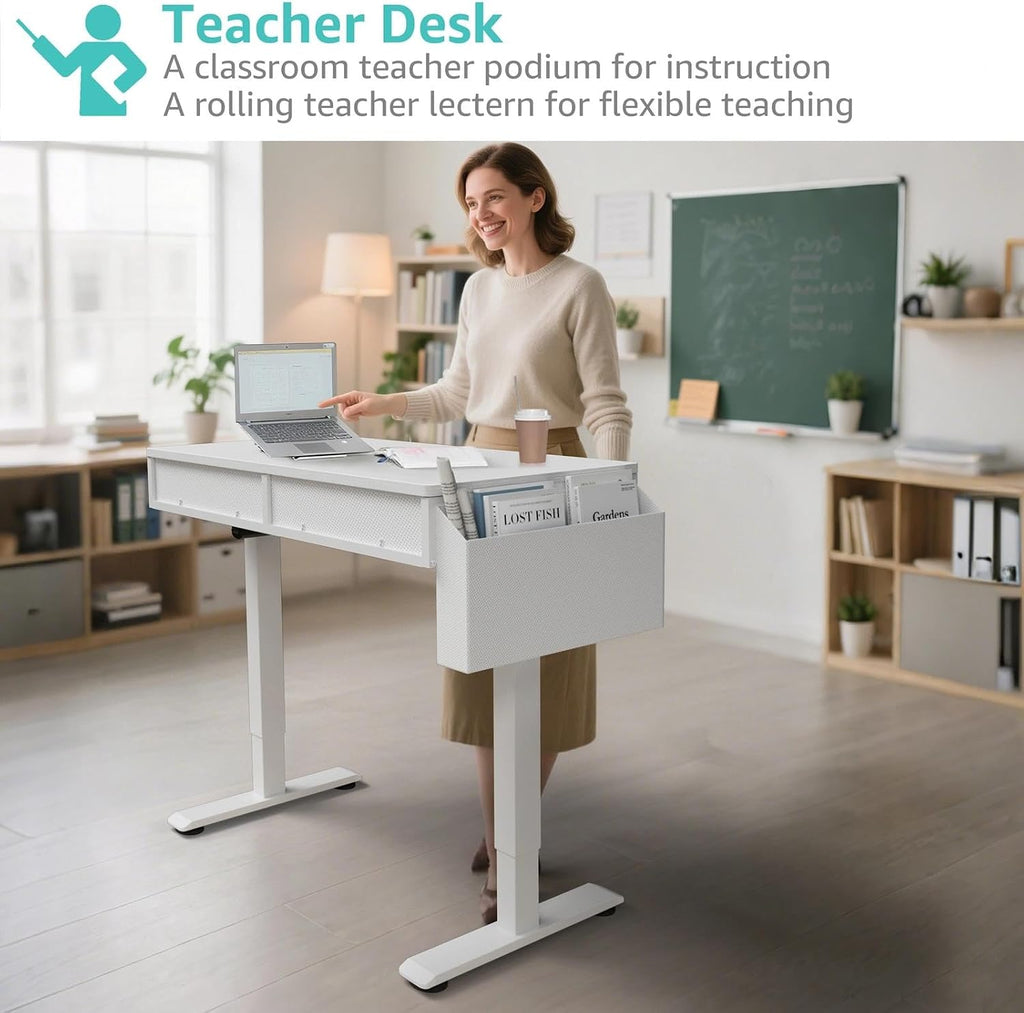 KLUVIS Electric Standing Desk with Drawers, 32 Inch White Small Height Adjustable Sit Stand Desk with Storage for Small Space Home Office Bedroom, Study Writing Stand up Computer Desks for Girls Work