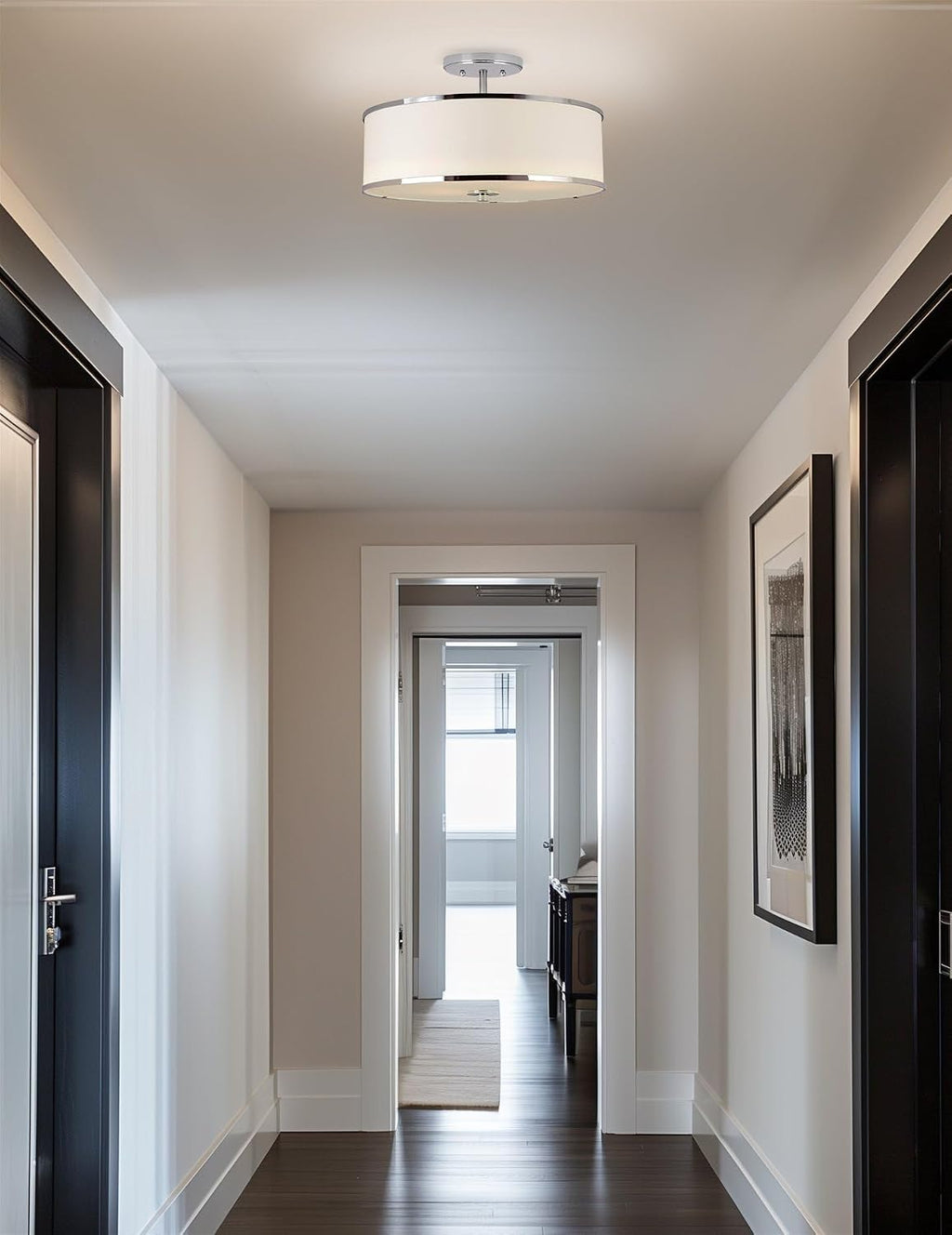 Kira Home Chloe 15' Modern Semi-Flush Mount Ceiling Light with White Fabric Drum Shade, 3-Light Hanging Fixture with Tempered Glass Diffuser, Chrome Finish