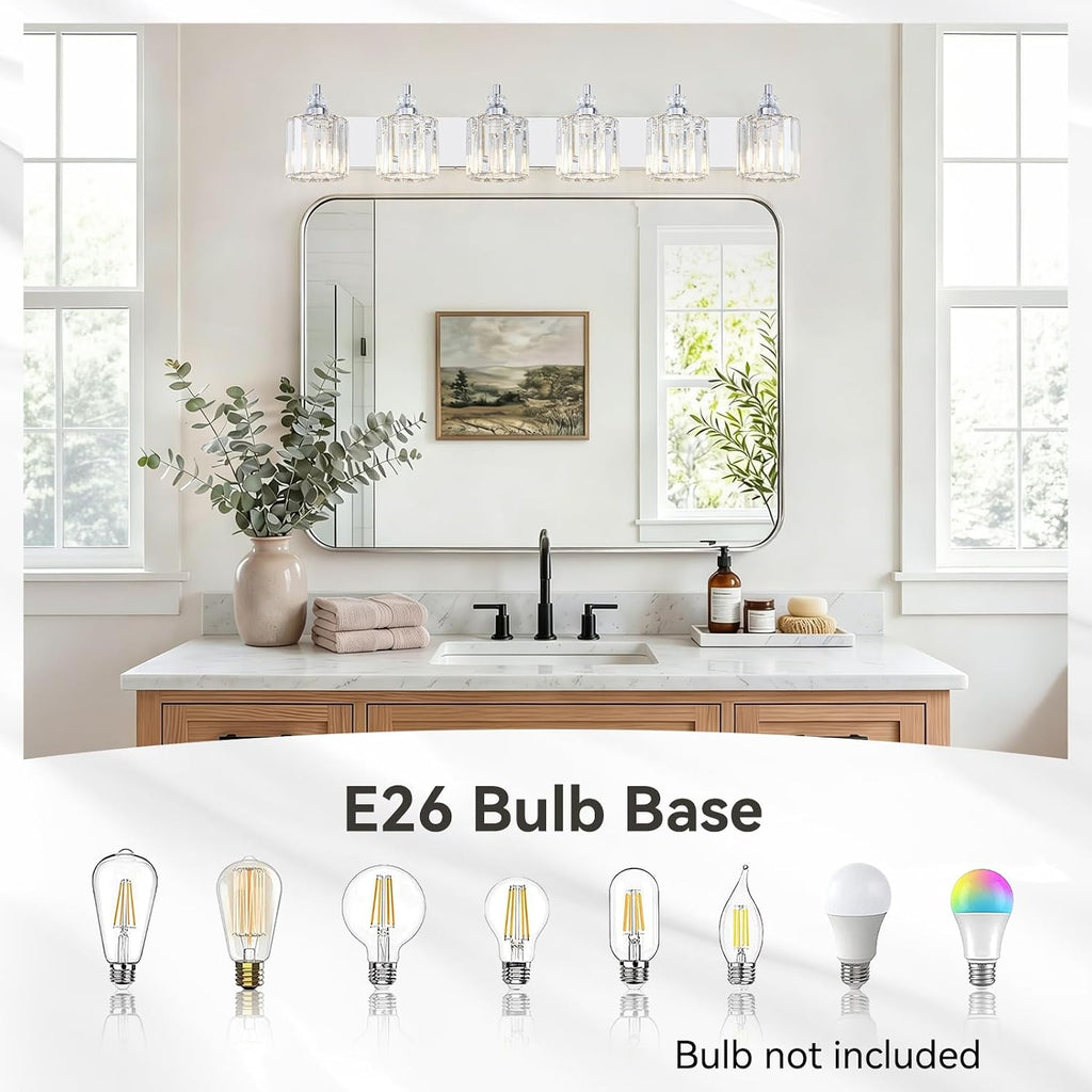 6-Light Modern Bathroom Light Fixture Chrome Bathroom Vanity Lights Over Mirror Wall Sconce Lighting with K9 Crystal Shades E26 Base for Bedroom, Living Room, Hallway Wall Lamp