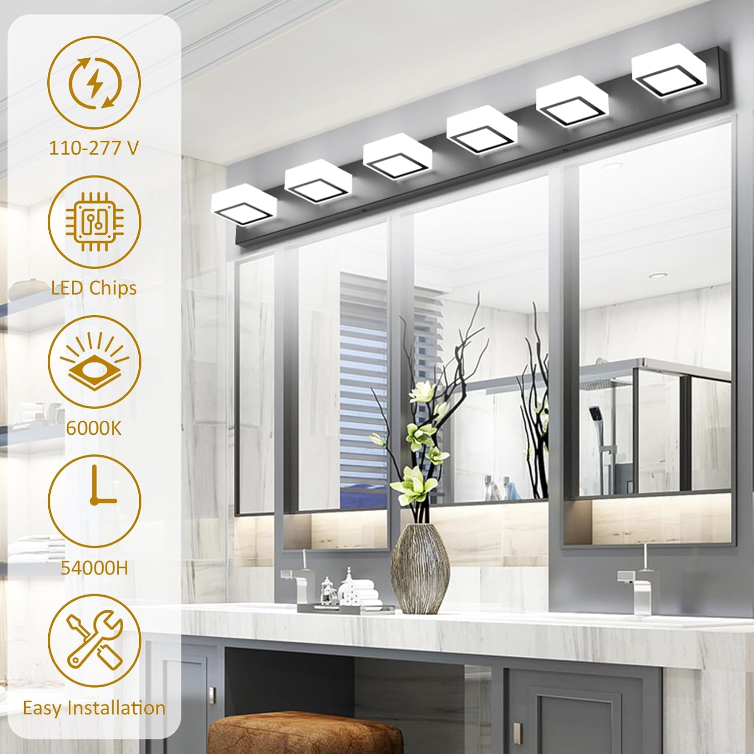 Ralbay Black Bathroom Vanity Lights 48inch Metal Acrylic LED Modern Bathroom Wall Lighting Fixtures Matte Black (White Light 6000K, Non-dimmable)