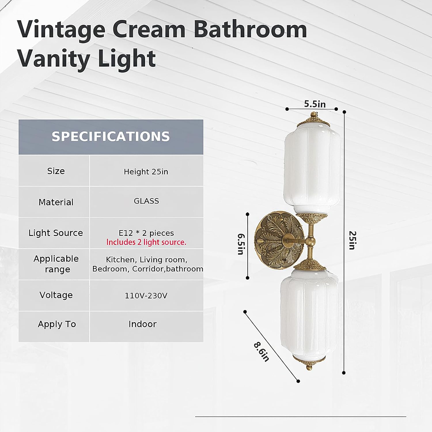 Milk Glass Bathroom Vanity Light - 2-Light Wall Sconce with Brass Finish Base & Green Glass Shade - Wall Sconce Lighting for Mirror, Kitchen, Living Room (White Glass with Gold Metal Accents)