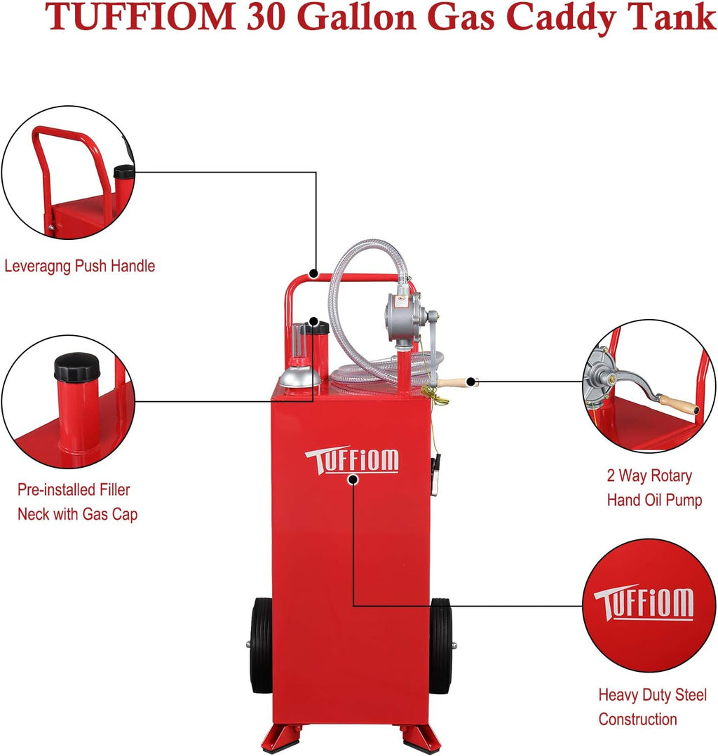 TUFFIOM 30 Gallon Fuel Gas Caddy w/Wheels & Manual Siphon Pump,Portable Diesel Fuel Transfer Storage Tank w/8.9ft Hose,Gasoline Can Container for ATV Car Mowers Tractor Boat