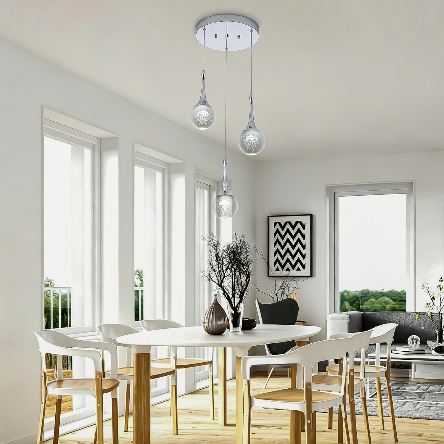 CHYING 3-Lights Pendant Lights Kitchen Island, Modern LED Dimmable Globe Crystal Jellyfish Teardrop Ceiling Pendant Lighting for Dining Room Hallway Entryway Bedroom, Chrome Cool White