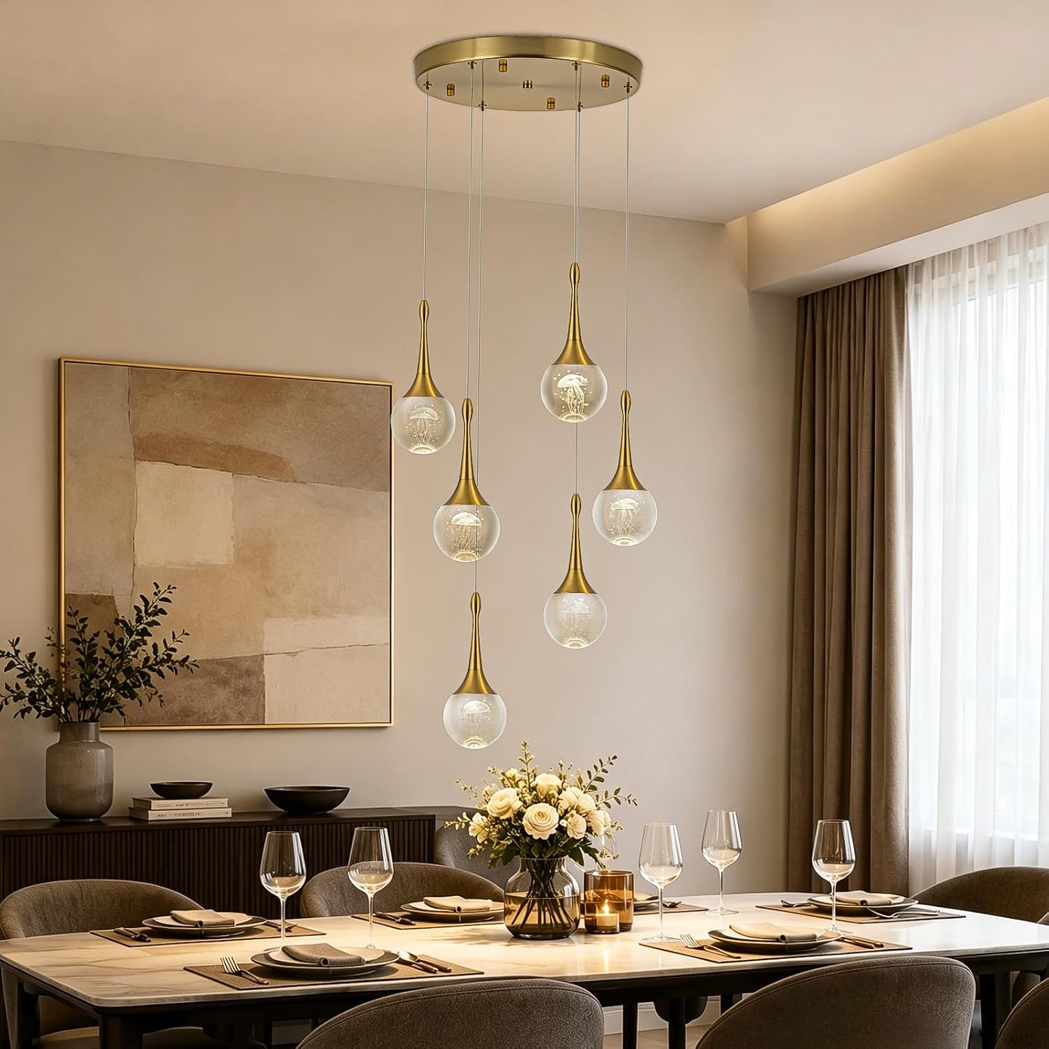 CHYING 6-Lights Pendant Lights Kitchen Island, Modern LED Dimmable Globe Crystal Jellyfish Teardrop Ceiling Pendant Chandelier for Dining Room Hallway Foyer Staircase, Gold Warm White