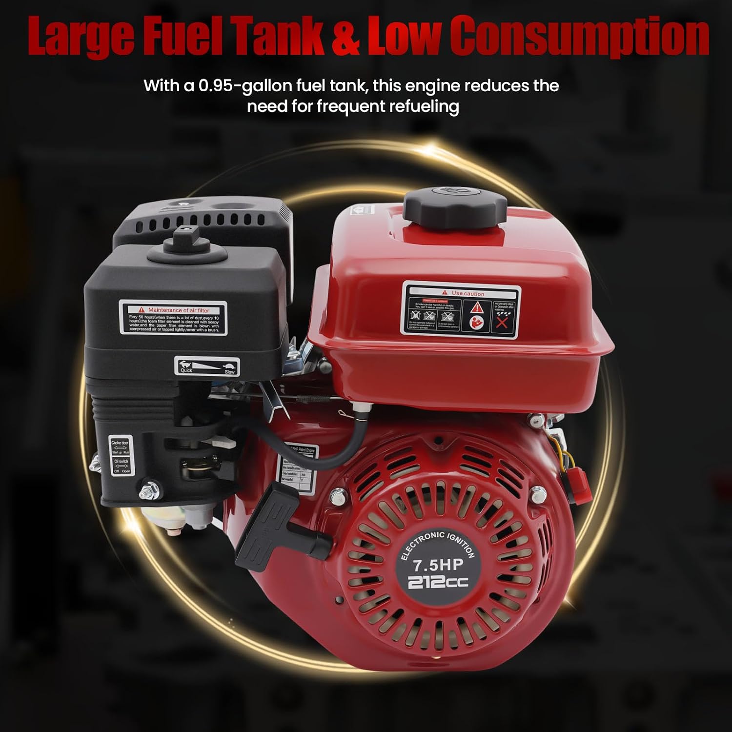 7.5HP Gas-Powered Engine 212CC, 4 Stroke 3000W Gas Engine Horizontal Shaft 0.95Gal Fuel Tank, Go Kart Engine for Water Pumps, Go-Karts, and Lawnmowers