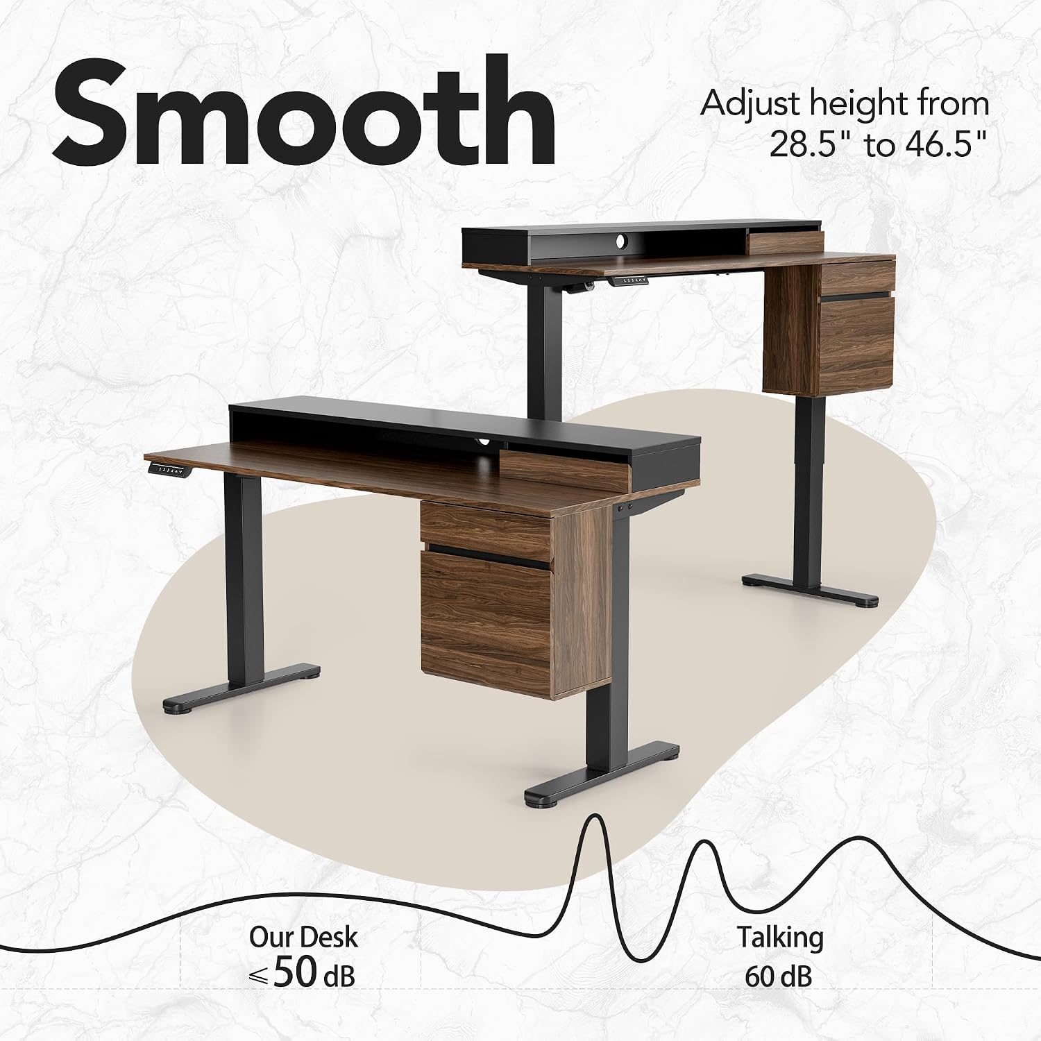 HUANUO Standing Desk with Drawers and File Cabinet, 47 Inch Electric Height Adjustable Desk with Storage, Ergonomic Stand Up Table Compatible with Monitor Stand, Black Walnut