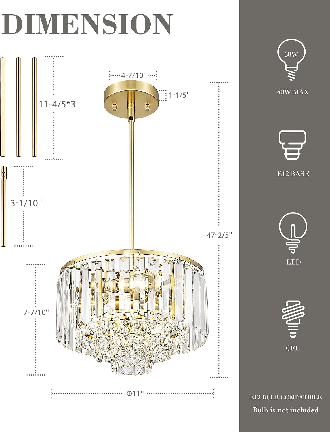 Polished Gold Chandelier, 4-Tier Crystal Pendant Light fixtures, Vintage Hanging Light, Chandeliers for Dining Room Kitchen Island Bedroom Entryway, CC4215-3W-PG