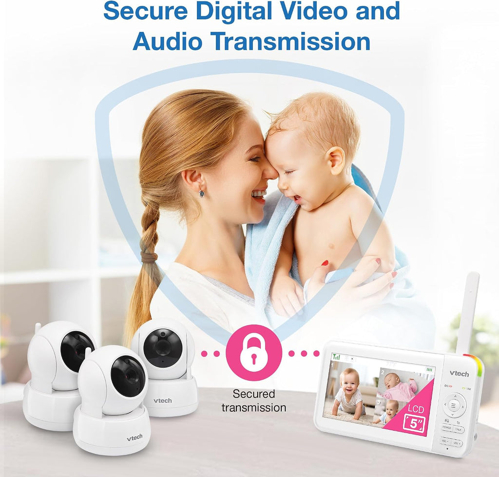VTech 924-3W Video Baby Monitor with 3 Cameras, 5' LCD Screen, No WiFi, Pan Tilt Zoom, Up to 17Hrs Video & 31Hrs Audio Battery, 1000ft Range, Night Vision, Lullabies, Temperature Sensor, 2-Way Talk