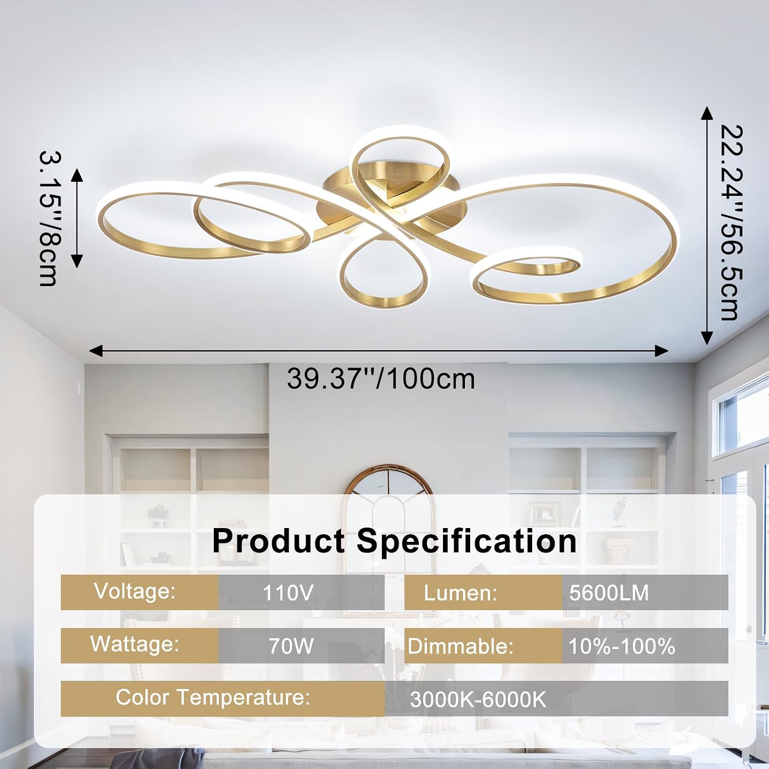 20inch Modern LED Ceiling Light, 5 Rings Flower Black Dimmable Ceiling Lamp for Living Room, Bedroom, Dining Room, Kitchen (Gold,39.37Inch)