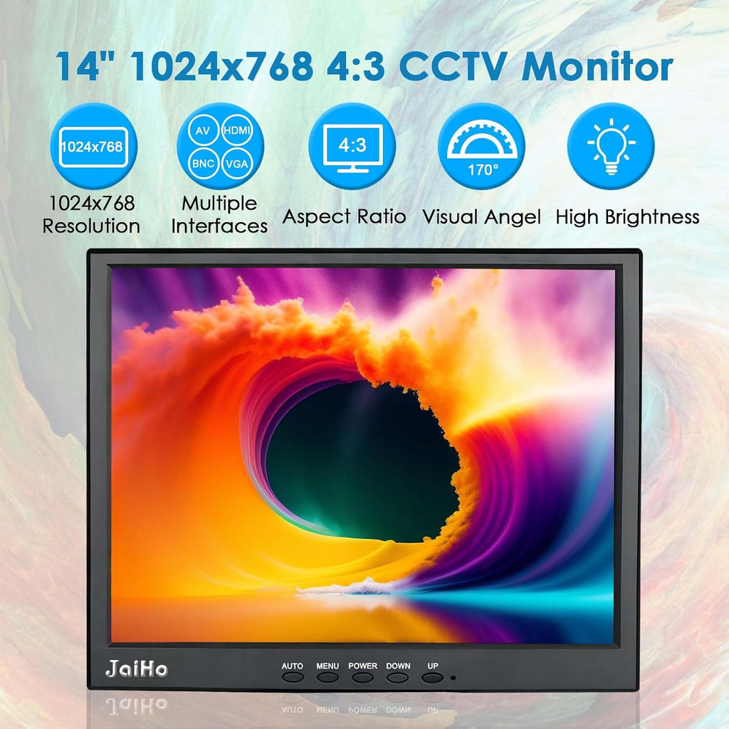 JaiHo 14-Inch 4:3 Security Monitor, 1024x768 No Image Stretching CCTV Screen with Metal Housing, BNC HDMI VGA AV USB Input, Industrial Display with Built-in Speakers Remote Control & VESA Mount