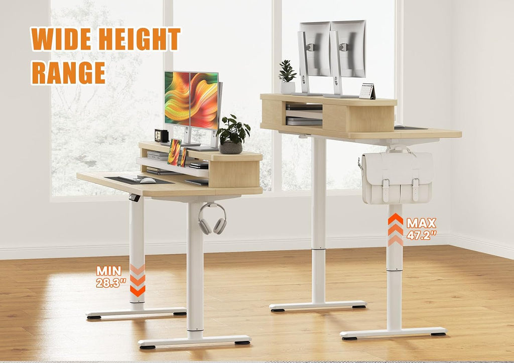 Flycity Electric Standing Desk with Dual Monitor Stand, Height Adjustable Desk Sit Stand Desk with Memory Controller, Casters & 2 Hooks, Low Noise Home Office Desk (Maple, 55' x 24')