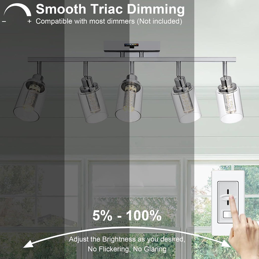 MELUCEE 5-Color Dimmbale Rotatable Spotlight Ceiling Light Fitxures 5-Light LED Track Lighting Kit Chrome Bathroom Vanity Light Wall Mount Ceiling Mount Kitchen Tracking Lights, Clear Glass Shade