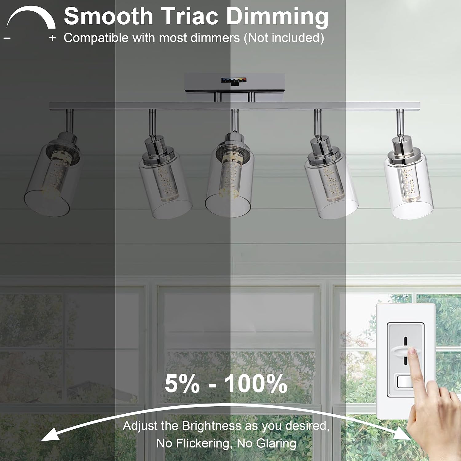 MELUCEE 5-Color Dimmbale Rotatable Spotlight Ceiling Light Fitxures 5-Light LED Track Lighting Kit Chrome Bathroom Vanity Light Wall Mount Ceiling Mount Kitchen Tracking Lights, Clear Glass Shade